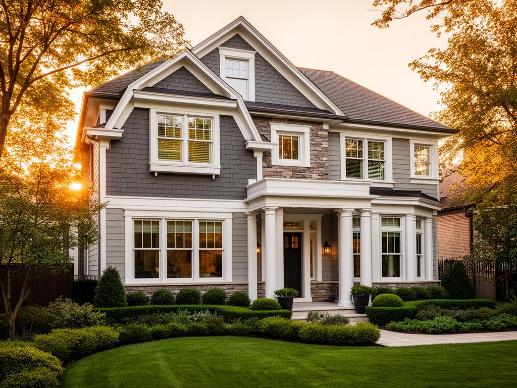 Exterior remodel North Shore Chicago — iron gray lap siding shake accents stone columns portico