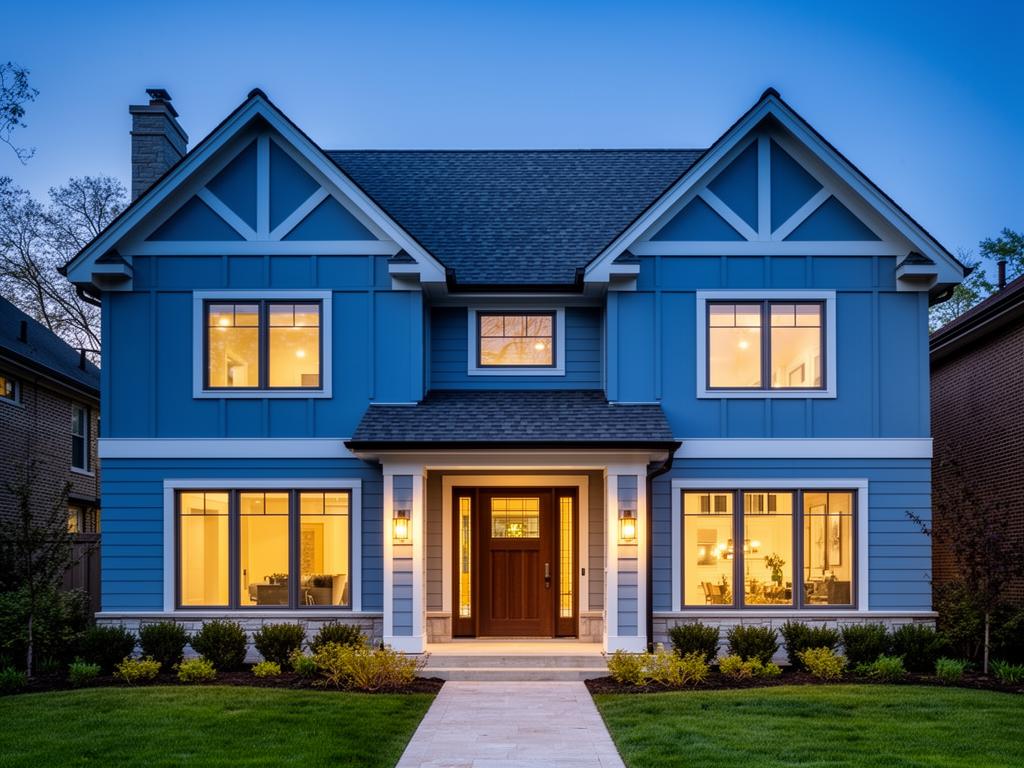 Exterior remodel North Shore Chicago — evening blue craftsman board batten siding new windows