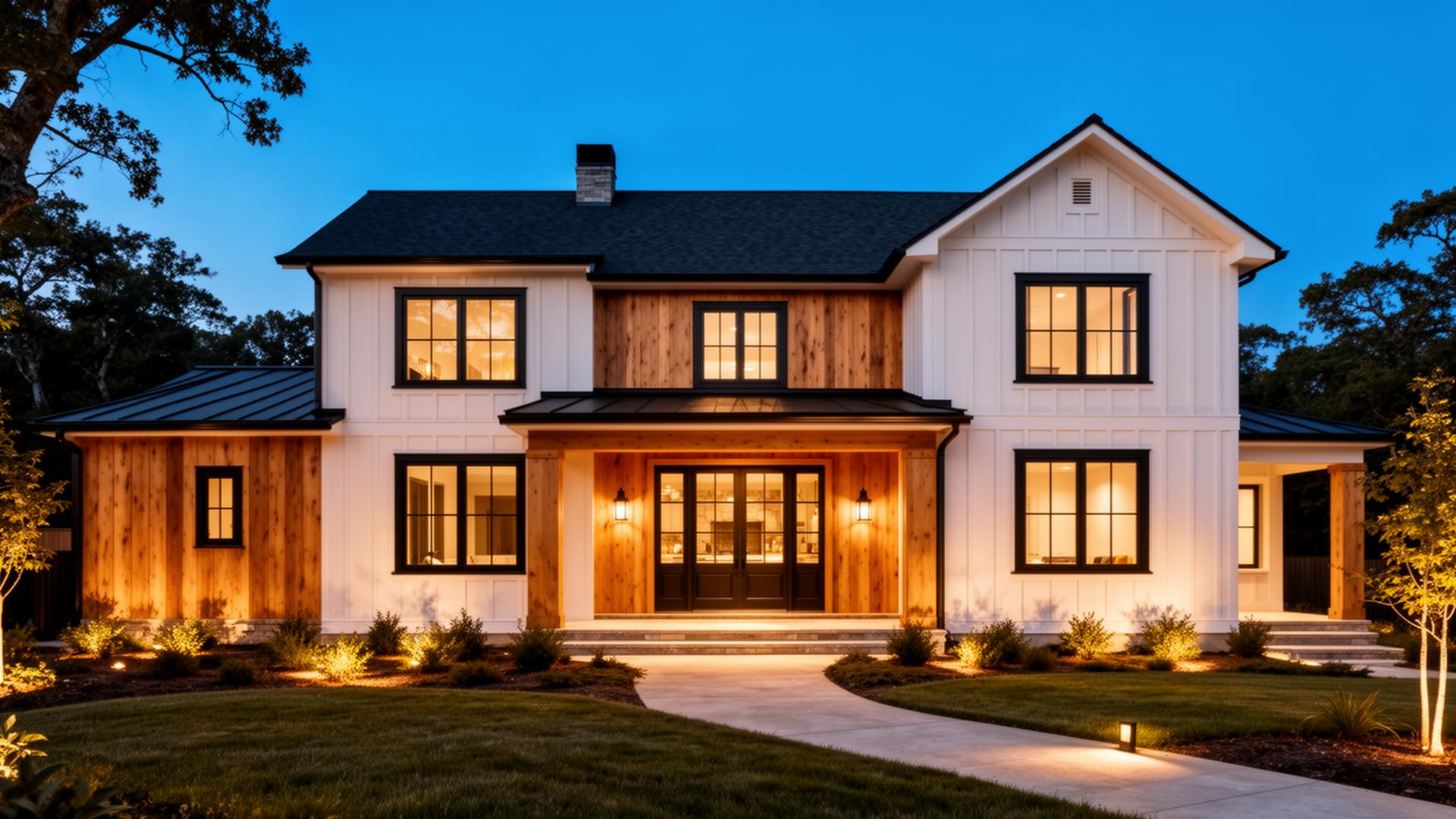 Modern farmhouse exterior with cedar accents and black trim windows
