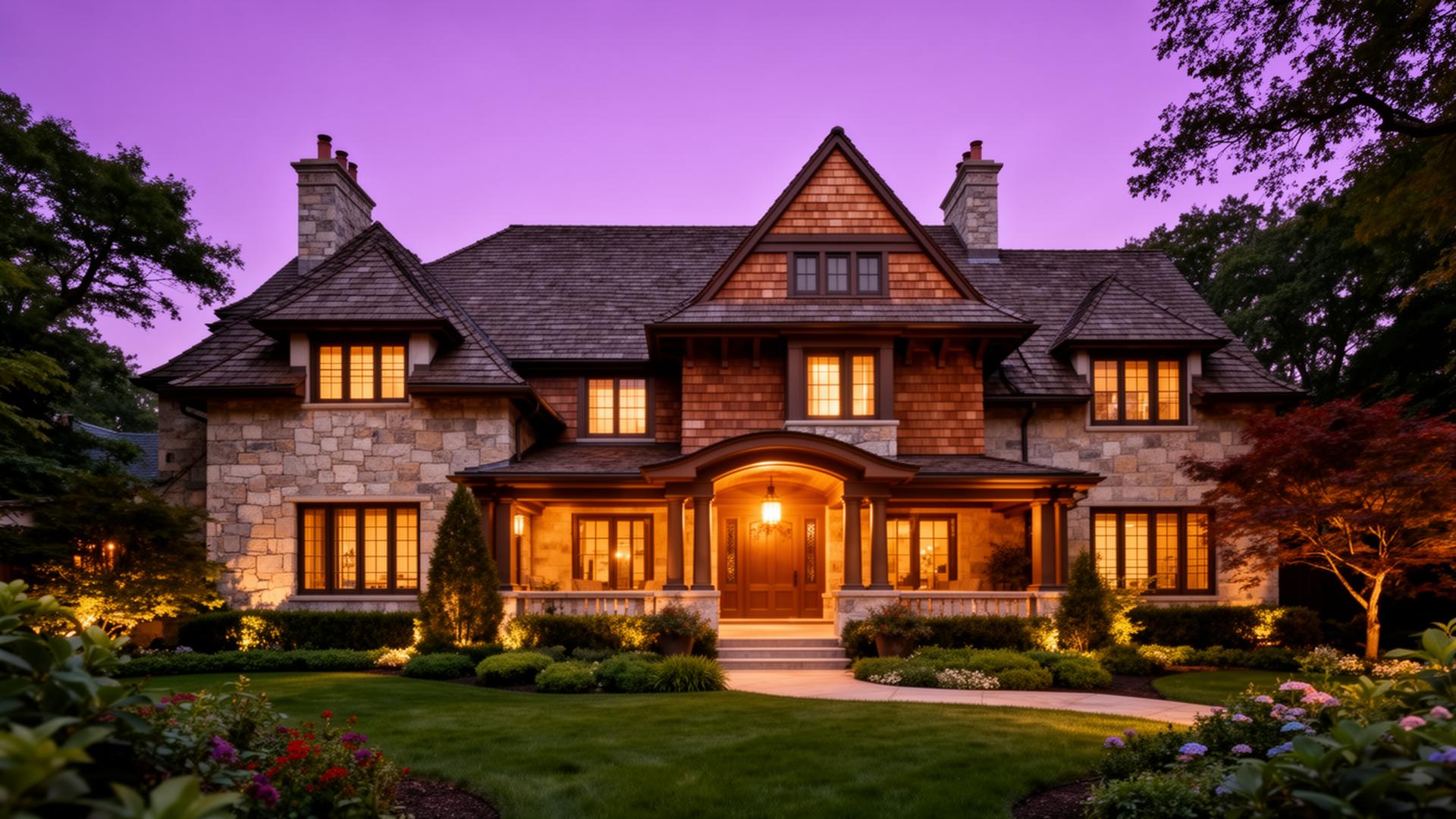 Craftsman stone and cedar shake estate exterior at twilight